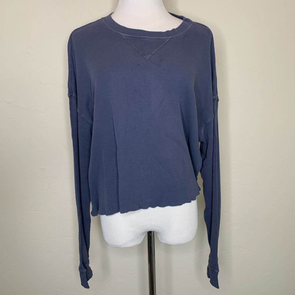 Blue Oversized Cropped Thermal Shirt Top ? Large
